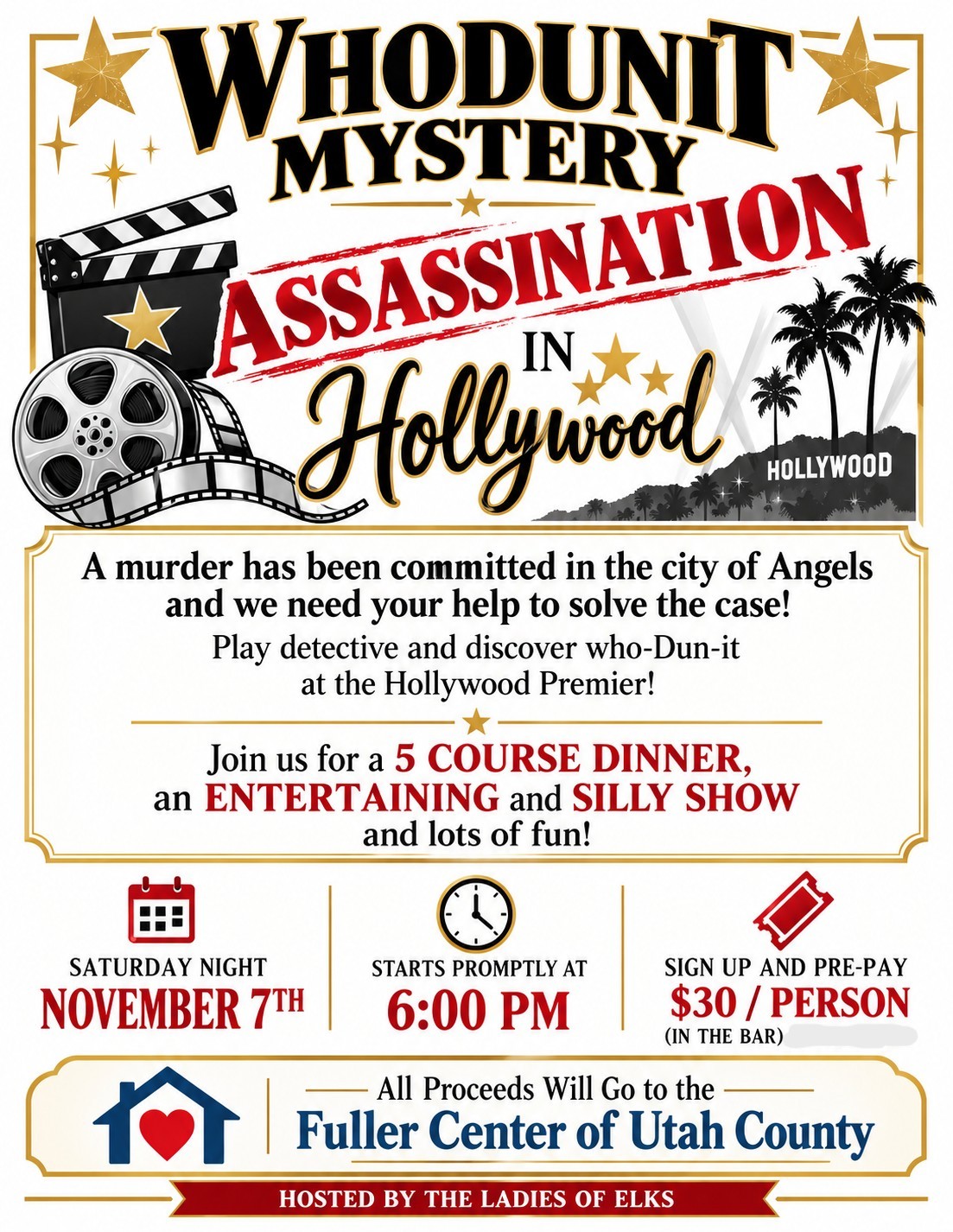 Mystery dinner event flyer